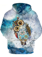 Colorful Owl Print Hoodies For Men Graphic Hoodie Comfy Loose Pullover