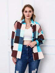 Colorblock Grid Print Long Sleeve Blouse