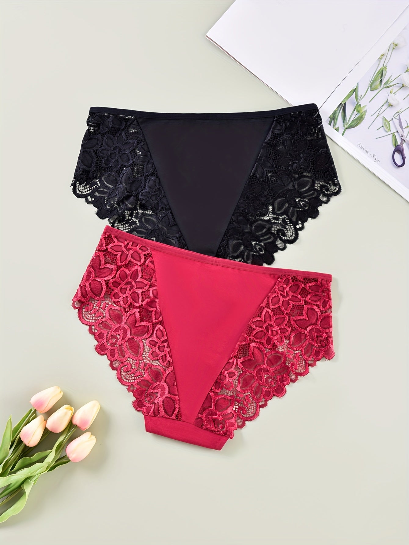 2 Pack Plus Size Lace Mid Rise Briefs Set