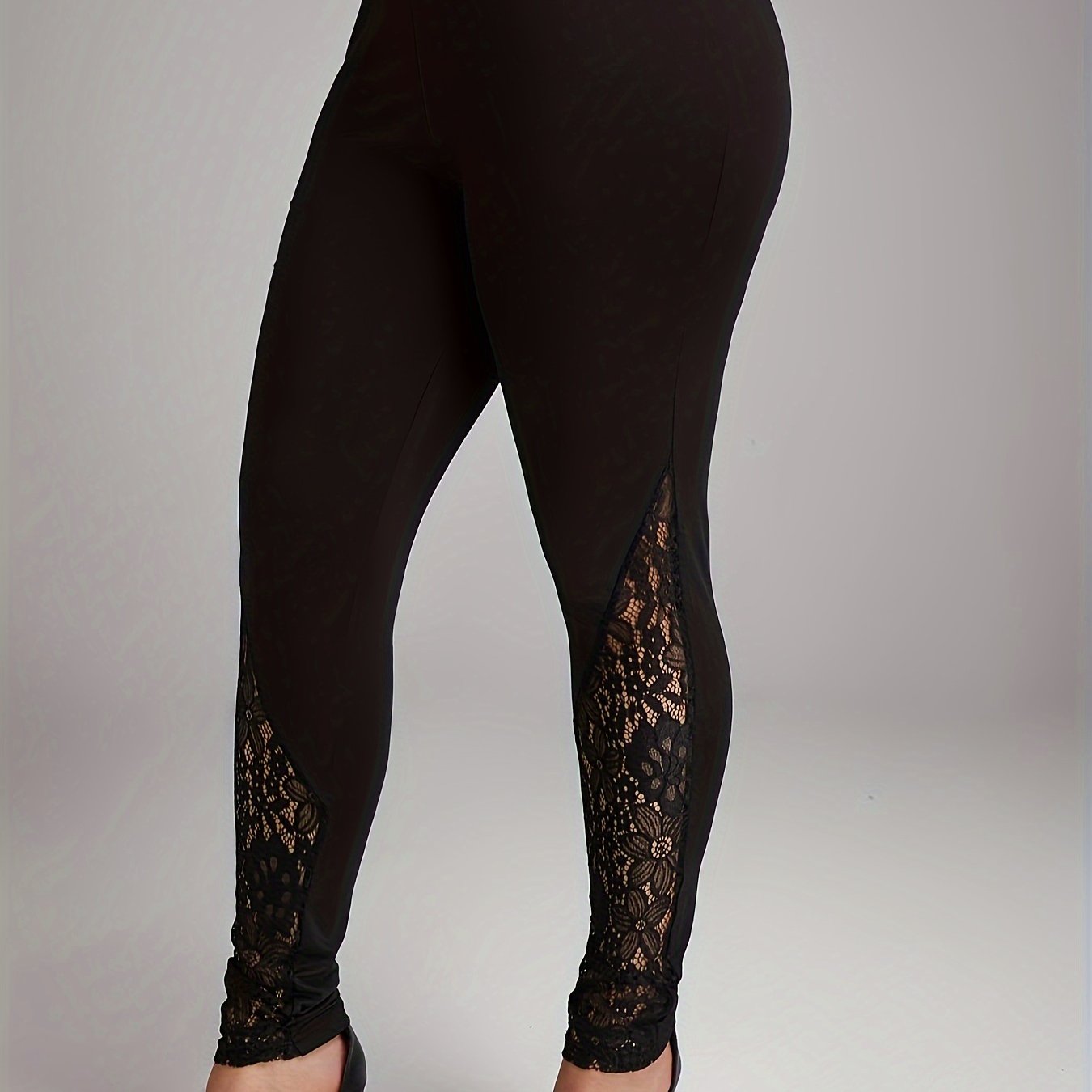 Casual Leggings Women's Plus Contrast Lace Solid Elastic