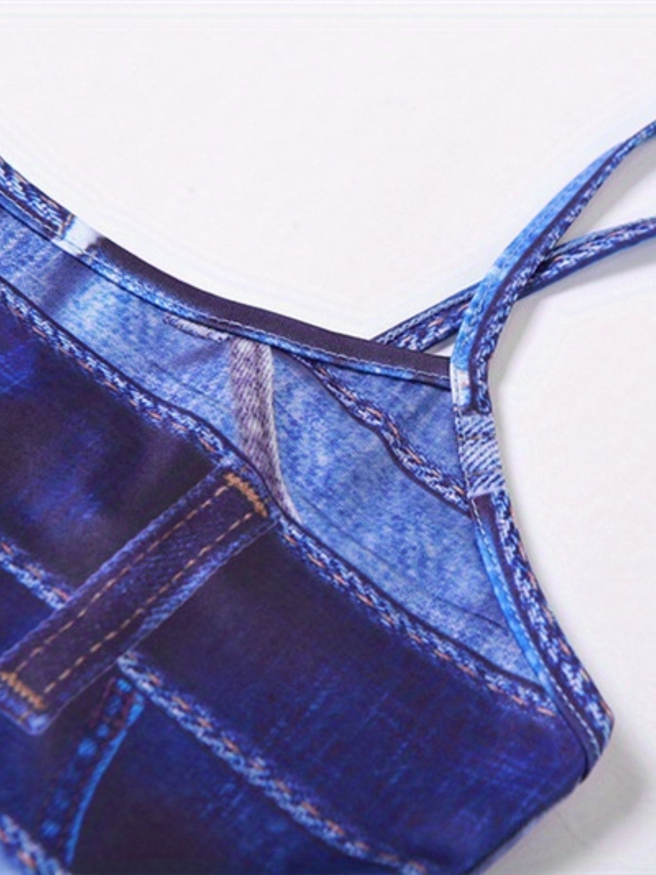 Denim Print Spaghetti Strap Romper Summer Casual Outfit