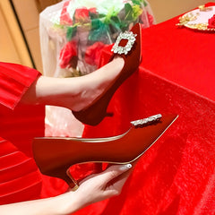 Red Kitten Heel Pumps Pointed Toe Rhinestone Wedding Shoes