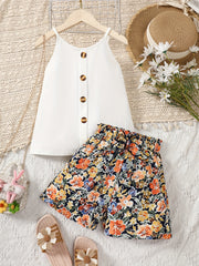 2pcs Girls Button Cami Top & Floral Shorts Set Kids Summer Clothes