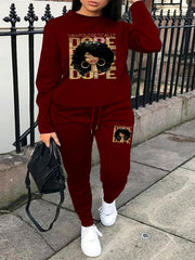 Figure Print Sweatshirt & Drawstring Sweatpants Set Women's Plus