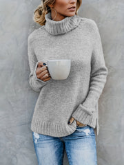 Solid Turtle Neck Pullover Sweater Long Sleeve Split Sweater