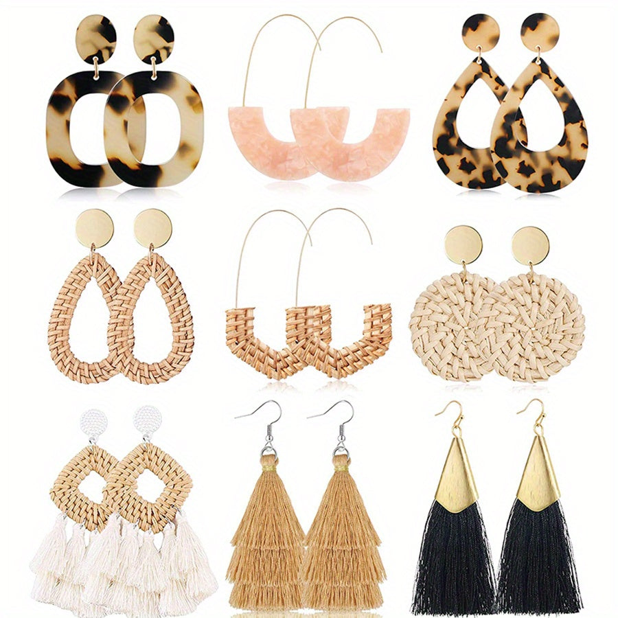 Rattan Tassel Earrings Set Bohemian Style Dangle Stud Earrings