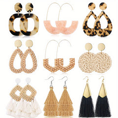 Rattan Tassel Earrings Set Bohemian Style Dangle Stud Earrings
