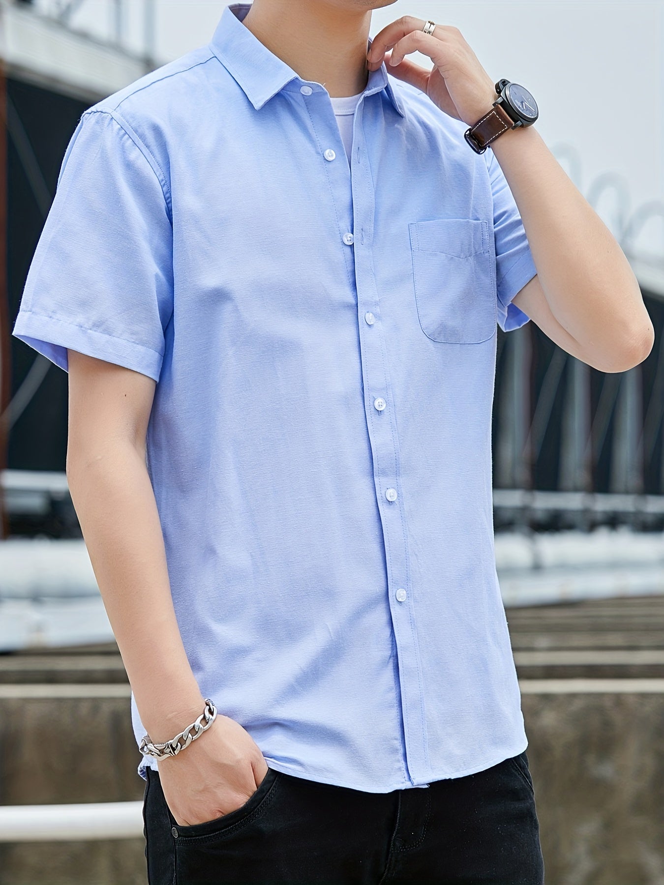 Men s Casual Cotton Shirt Vintage Style Short Sleeve Shirt With Chest Pocket