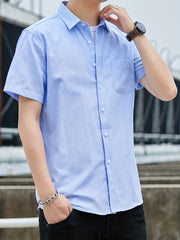Men s Casual Cotton Shirt Vintage Style Short Sleeve Shirt With Chest Pocket