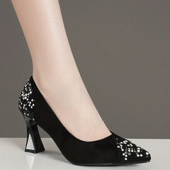 Rhinestone Block Heel Pumps Point Toe Slip On Dress Shoes