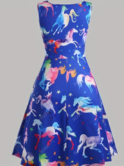Tank Dress Ombre Horse & Star Print Round Neck A line