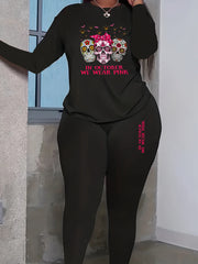 Women's Plus Size Gothic Halloween Floral Skull & Pumpkin Tee and Leggings