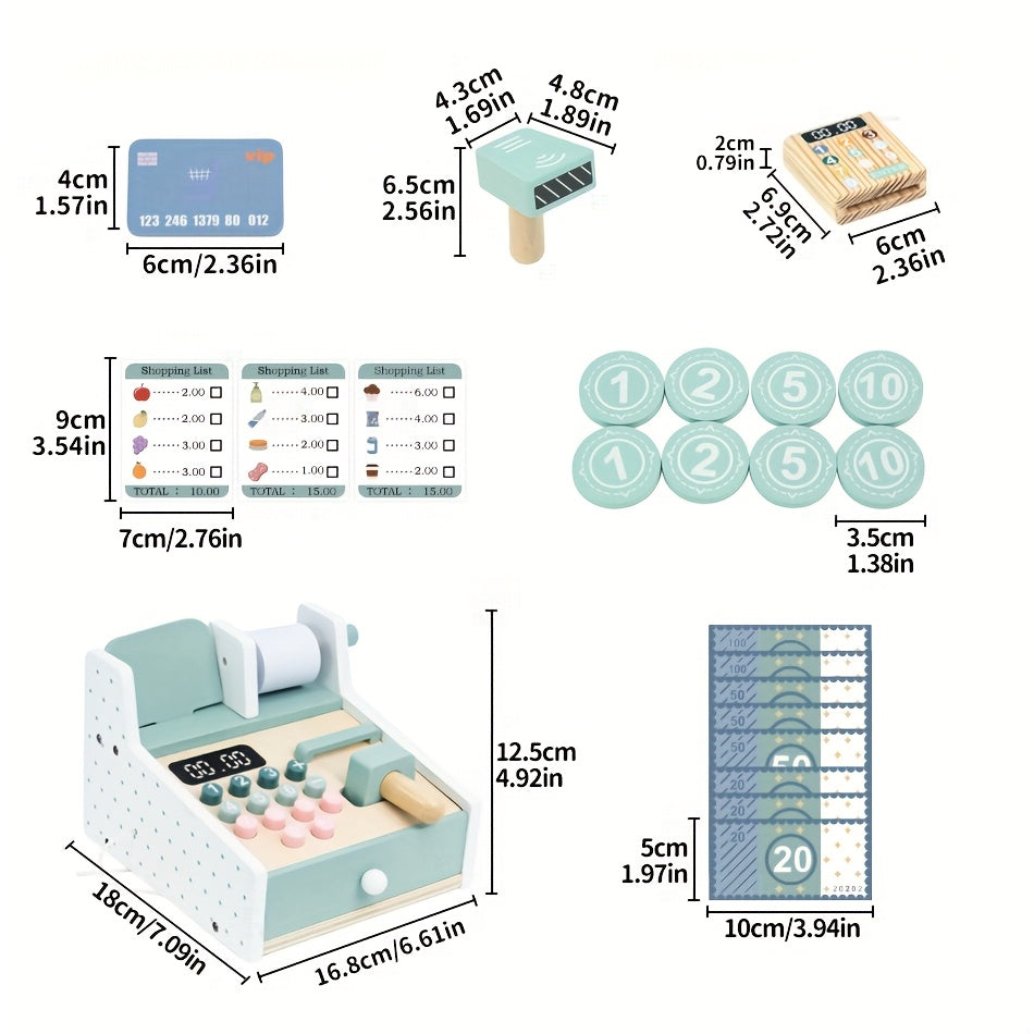 Wooden Supermarket Cash Register Toy Set with Shopping List and Coin Slot