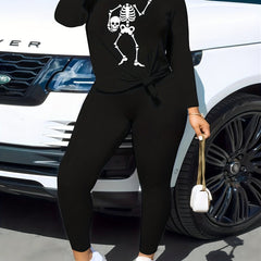Halloween Skull Print Long Sleeve Casual Outfit Set