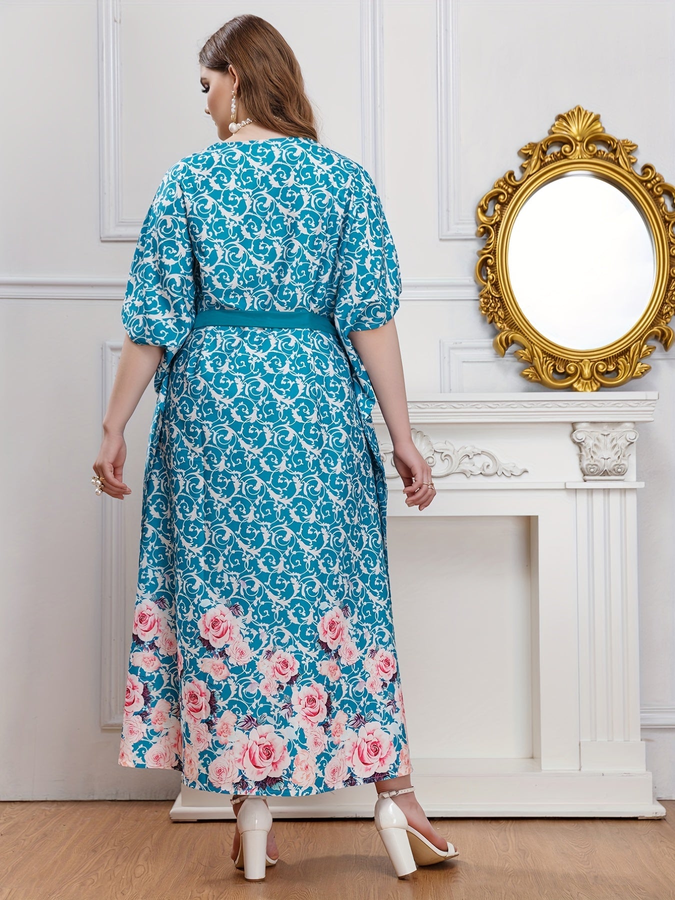 Baroque & Floral Print V-Neck Maxi Dress
