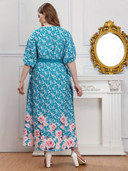 Baroque & Floral Print V-Neck Maxi Dress
