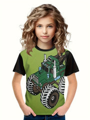 3D Truck Print Short Sleeve T shirt for Kids