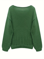 Solid V Neck Sweater Long Sleeve Loose Fit Pullover