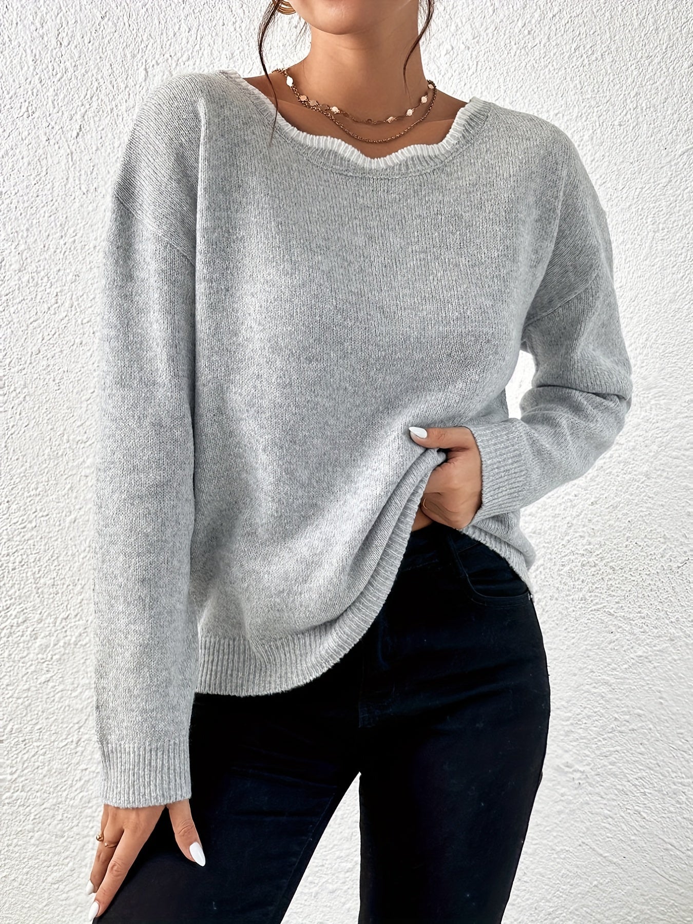 Scallop Trim Bow Back Pullover Sweater