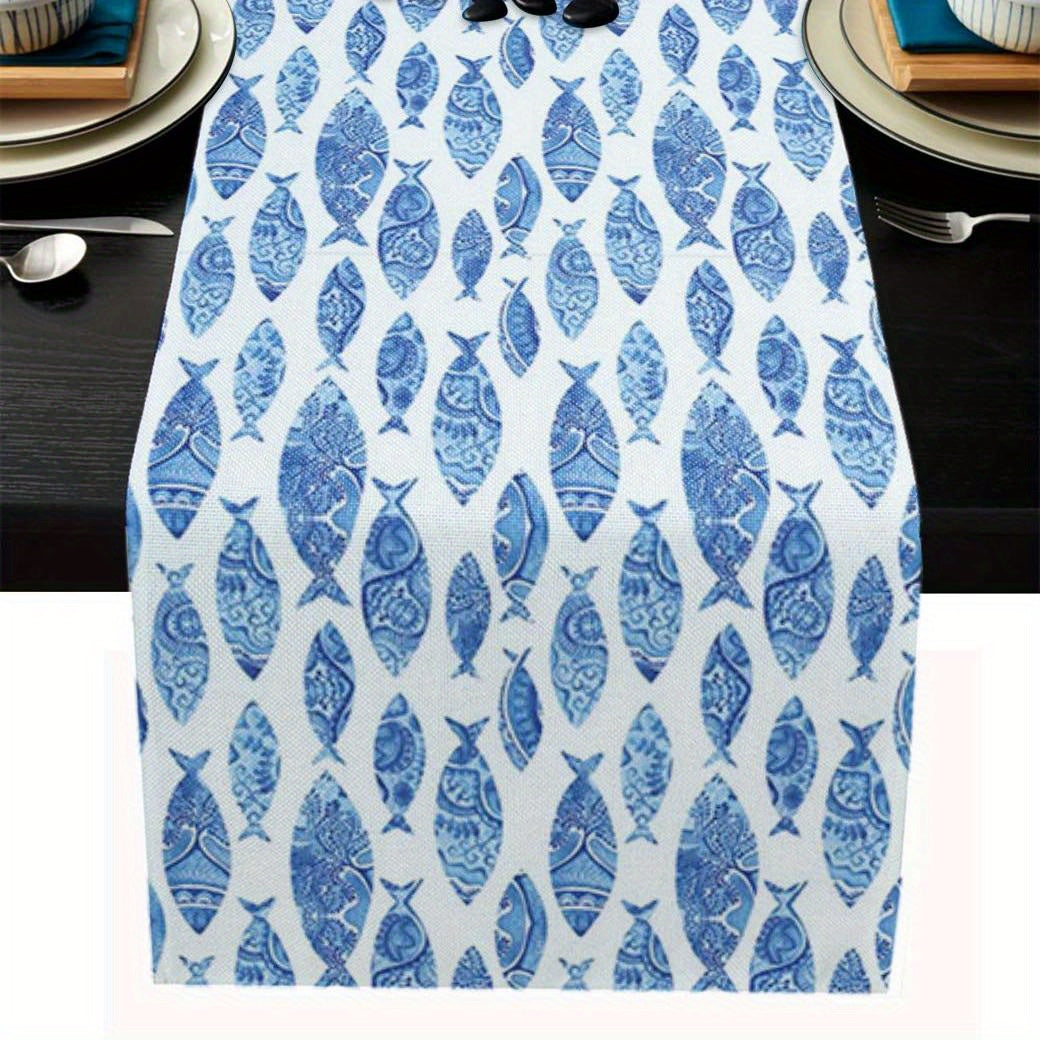 Long Fish Pattern Linen Table Runner Heat Resistant Washable 33x182 cm
