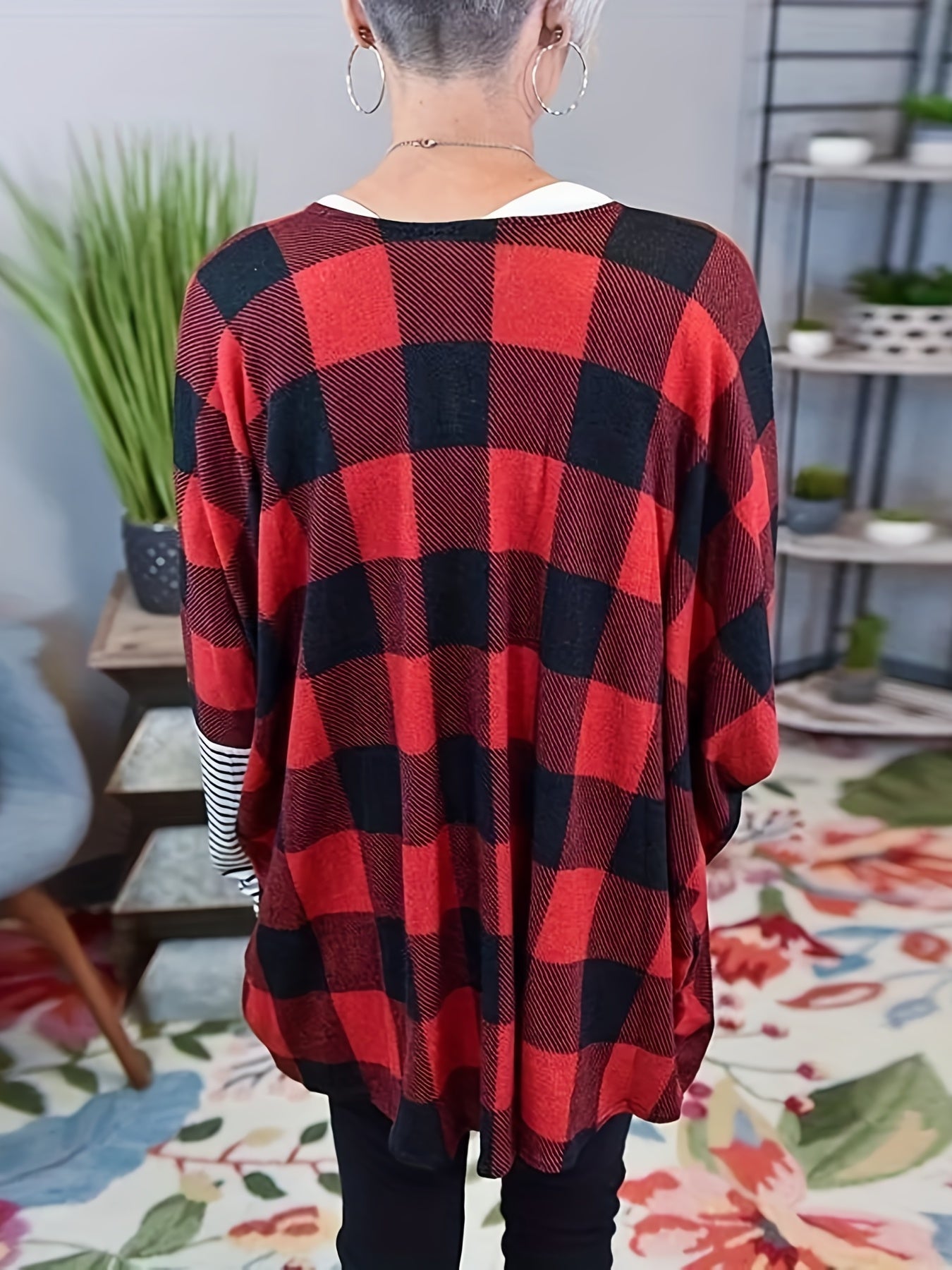 Striped & Plaid Print Long Sleeve Open Front Cardigan