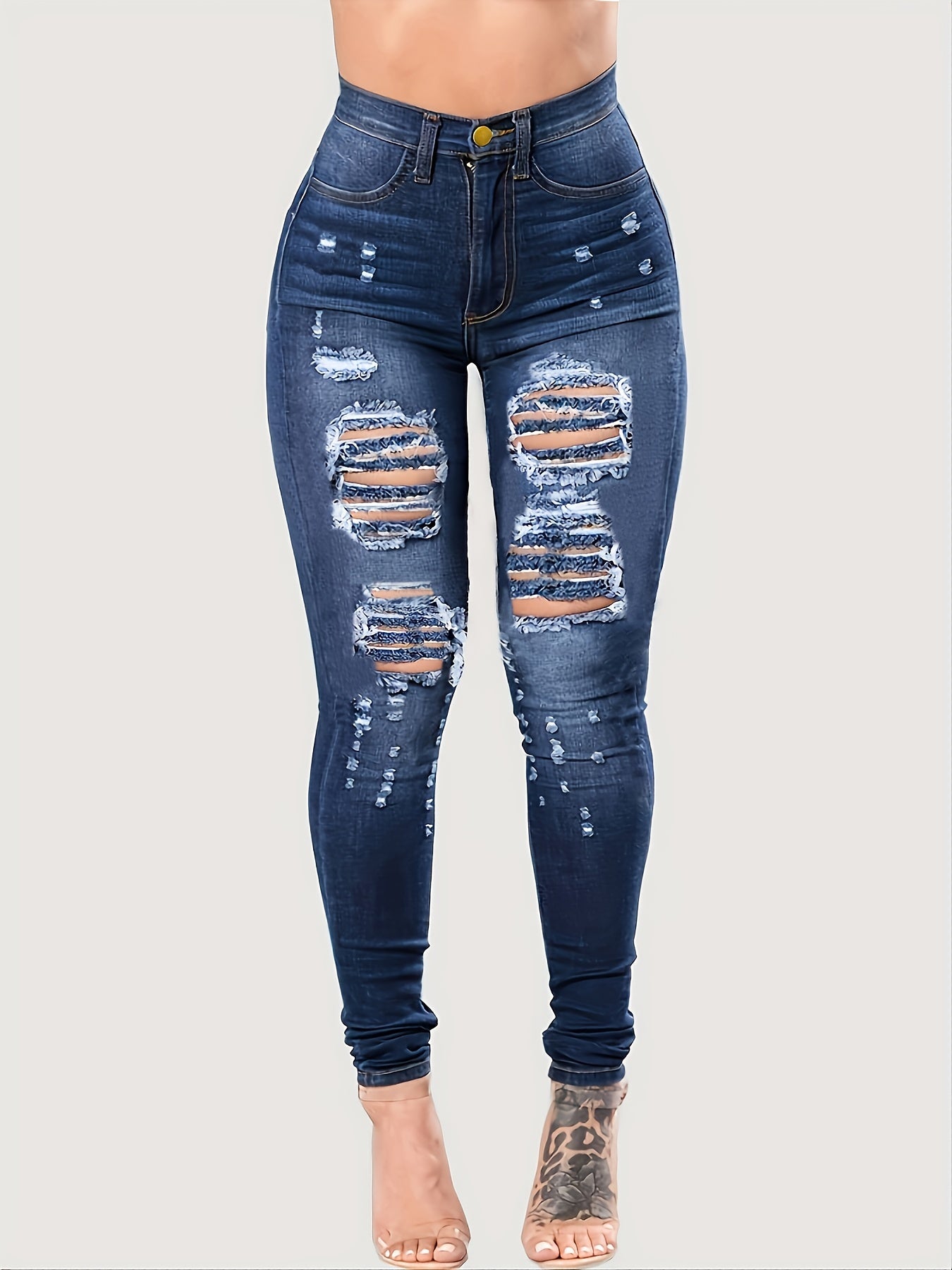 Navy Ripped Holes Skinny Leg Jeans Distressed Skinny Denim Pants