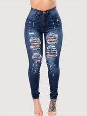 Navy Ripped Holes Skinny Leg Jeans Distressed Skinny Denim Pants