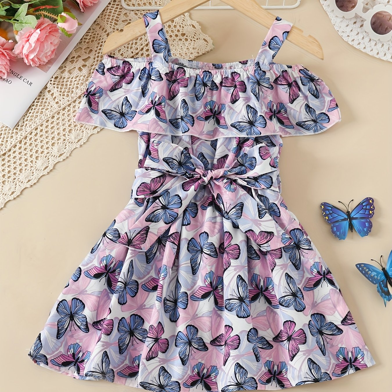Toddler Girls Butterfly Graphic Princess Dress Cold Shoulder Ruffle Trim Belted
