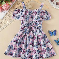 Toddler Girls Butterfly Graphic Princess Dress Cold Shoulder Ruffle Trim Belted