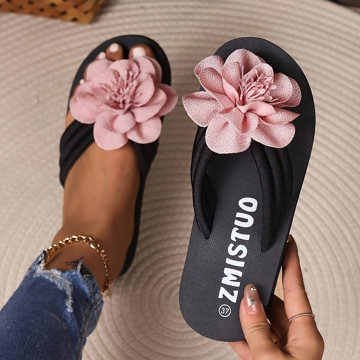 Summer Flip flops Flower Decor Anti slip Flat Beach Slippers