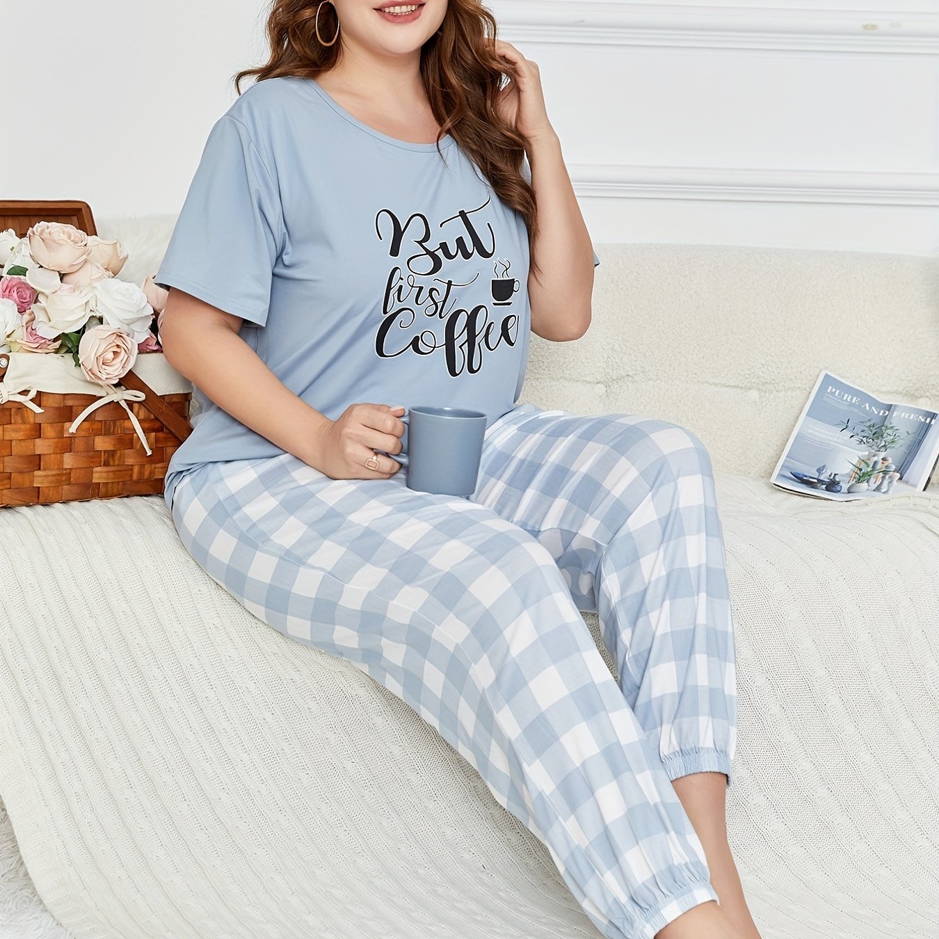 Letter Print Pajama Set - Short Sleeve Top & Gingham Print Pan