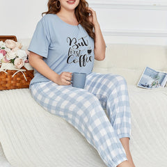 Letter Print Pajama Set - Short Sleeve Top & Gingham Print Pan
