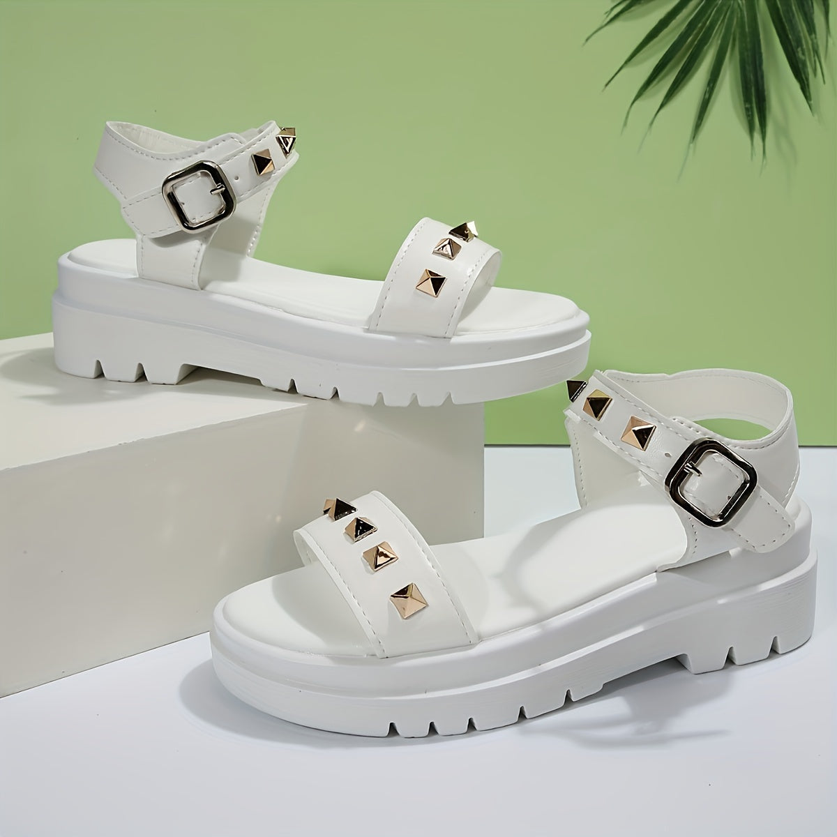 Women's Studded Open Toe Platform Sandals with Ankle Strap Buckle