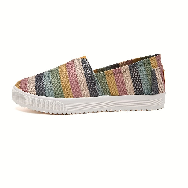 Women's Colorful Striped Canvas Slip-On Flat Casual Walking Shoes