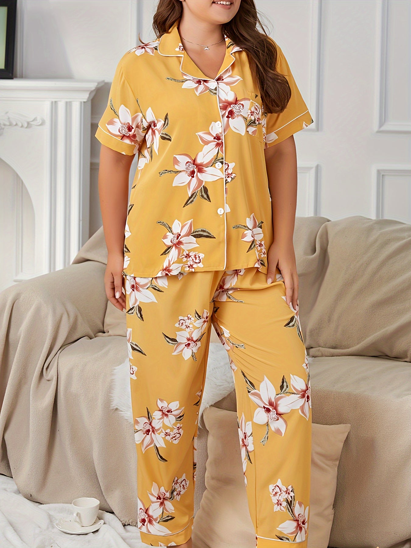 Floral Print Pajamas Set Short Sleeve Button Up Shirt & Pants