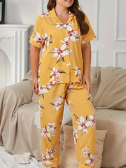 Floral Print Pajamas Set Short Sleeve Button Up Shirt & Pants