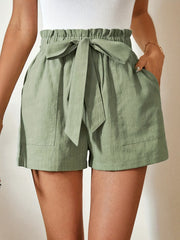 Solid Belted Paper Bag Waist Shorts Casual Patch Pocket Shorts Women's Clothing