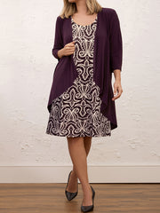 Plus Size Allover Print Tank Dress & Solid Open Front Coat Set
