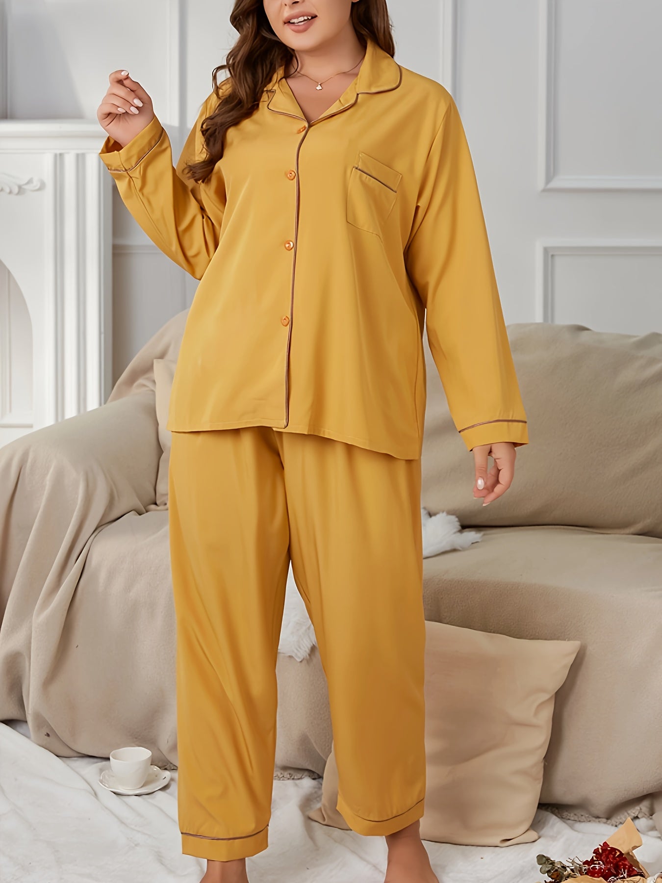 Pajama Set Contrast Trim Long Sleeve Lapel Collar Shirt & Pants Lounge