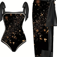 Glitter Star Print One Piece Bathing Suit & Sarong Cover Up Set