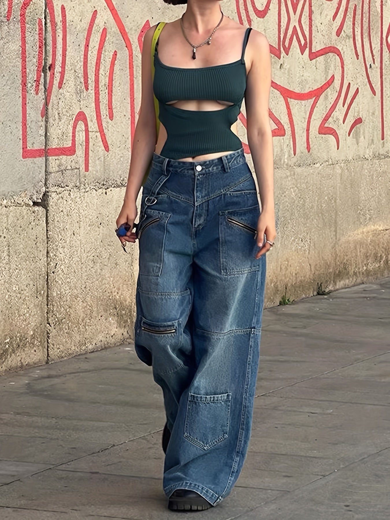 Baggy Wide Leg Jeans Zipper Pocket Denim Pants