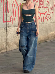 Baggy Wide Leg Jeans Zipper Pocket Denim Pants