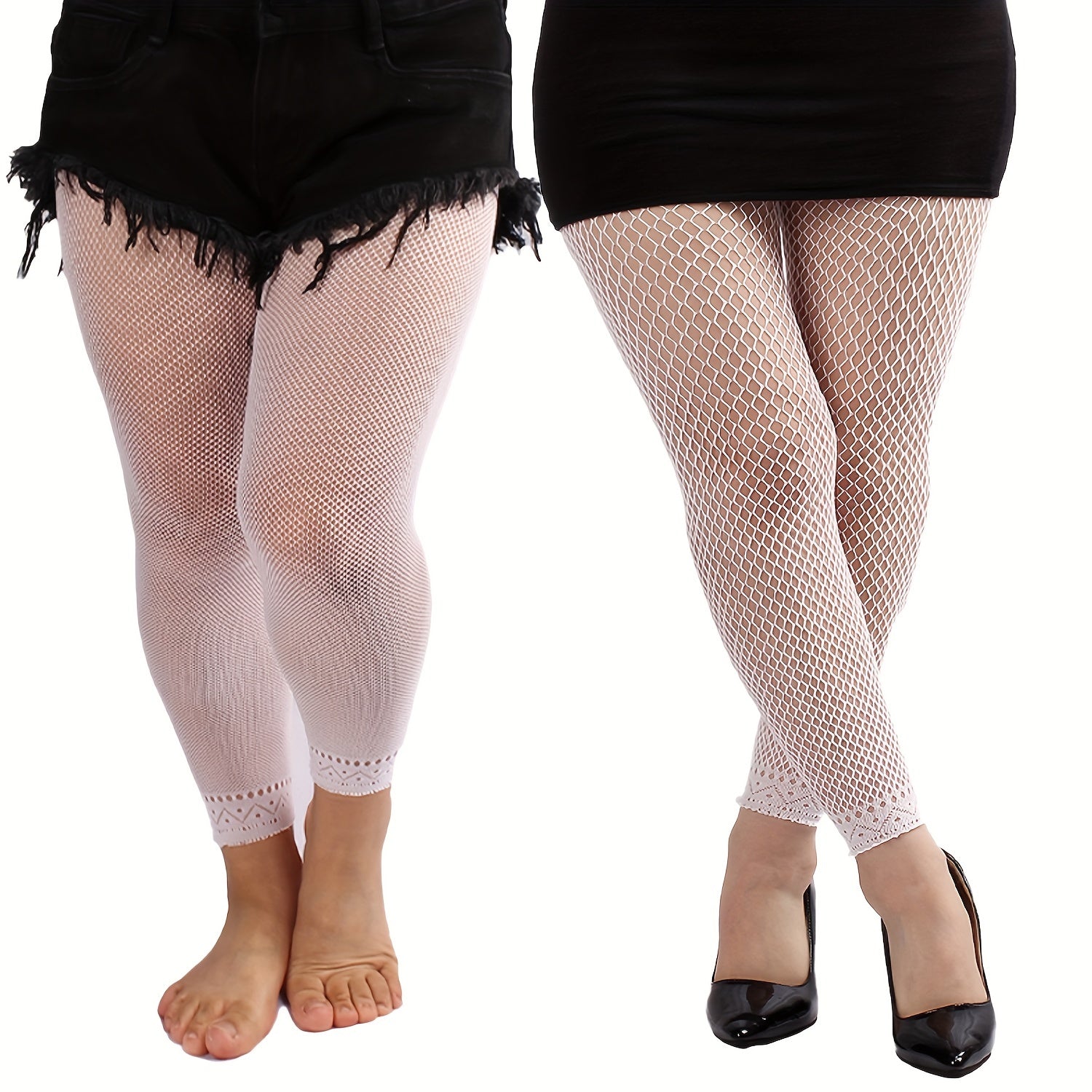 2 Pairs Casual Pantyhose Set Women's Plus Solid Footless Fishnet Stockings