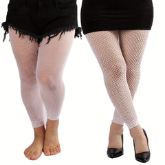 2 Pairs Casual Pantyhose Set Women's Plus Solid Footless Fishnet Stockings