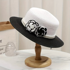 French Style Straw Hat Camellia Faux Pearl Chain Decor & Sun Hat