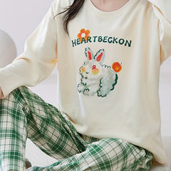 Bunny Print Pajama Set Long Sleeve Crew Neck & Plaid Pants