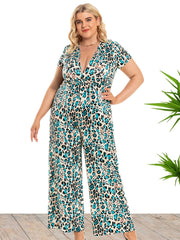 Leopard Print Deep V Neck Jumpsuit Women's Plus