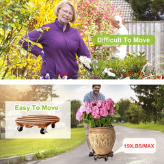 Wooden Plant Caddy Stand w/ Wheels 35cm - Heavy Duty Round Dolly Rollers