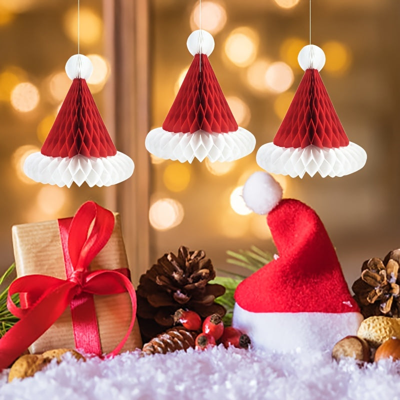 3pcs Honeycomb Santa Hats Xmas Decorations Centerpieces Hanging Ornaments