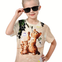 3D Kitty Print T shirt for Girls Boys Summer Sports